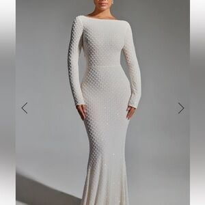 OhPolly Embellished Elegant Open Back White Long Sleeve Dress